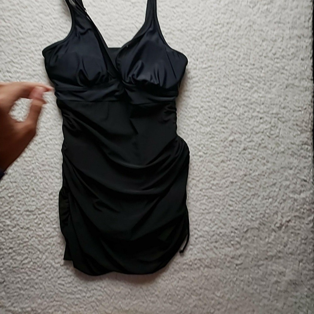 B Swimdress Womens L Black Solid Adjustable Strap Drawstring Stretch Ruched